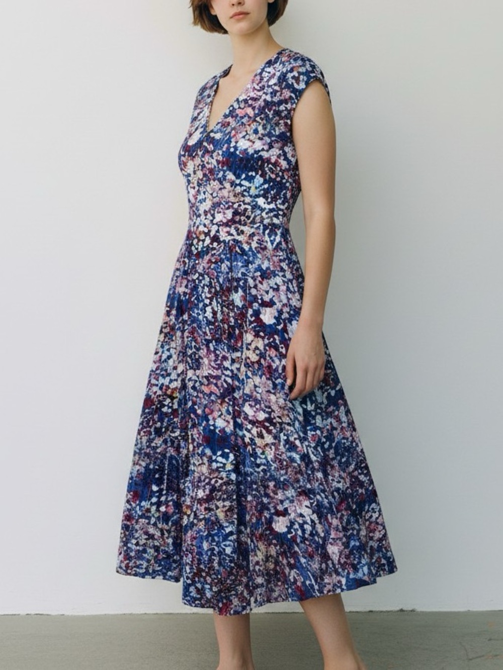 Komarov Alex Dress Cap Sleeve Midi V-neck Charmeuse Blue Purple Abstrct XL